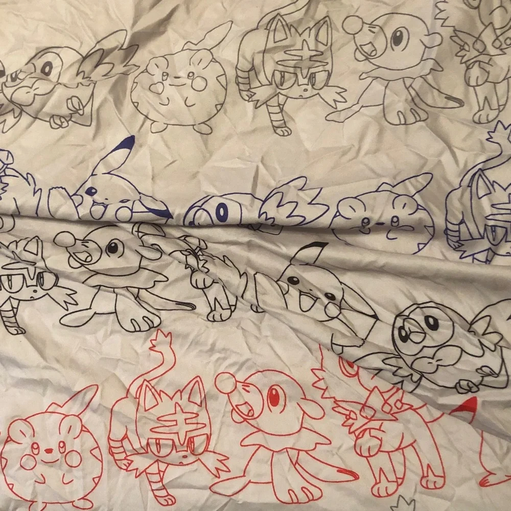 Pokemon Character Print Twin/Full Sheet - Red & Blue Line Art on White